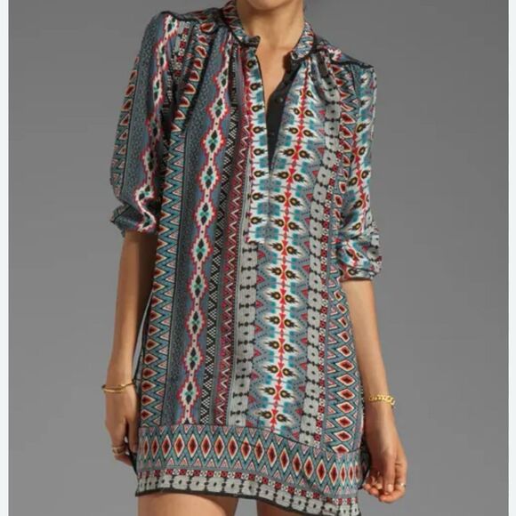 Tolani NATASHE Gray Red 100% Silk Tribal Western Ethnic Flowy Tunic Mini Dress - Picture 2 of 13